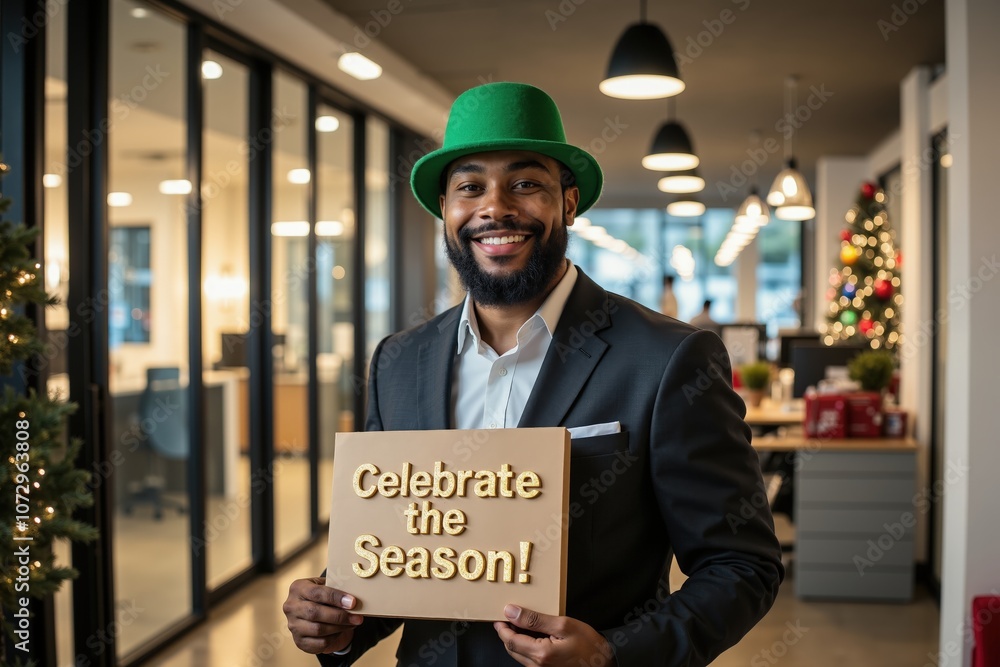 Smiling man holding holiday sign in festive office setting with christmas decorations Smiling man holding holiday sign in festive office setting with christmas decorations