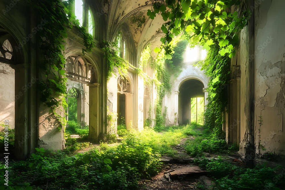 Obraz premium Sunlit Overgrown Ruins of an Arched Hallway