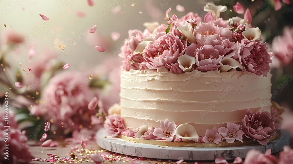 A stunning winter wedding cake adorned with pink peonies and white calla lilies, perfect for winter celebrations, holidays, or elegant events. A stunning winter wedding cake adorned with pink peonies and white calla lilies, perfect for winter celebrations, holidays, or elegant events.