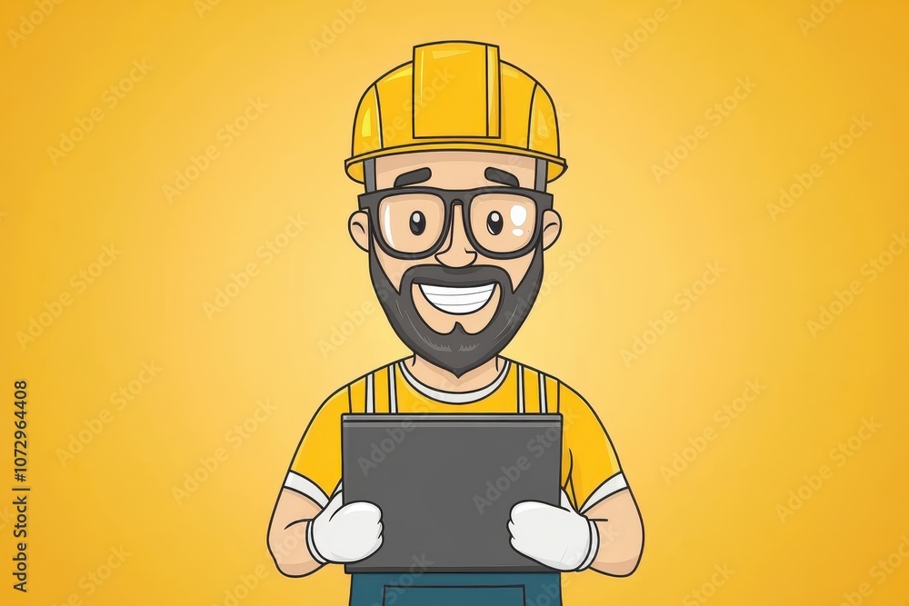 Vector illustration of an engineer at a worksite, holding a tablet and wearing safety gear Vector illustration of an engineer at a worksite, holding a tablet and wearing safety gear
