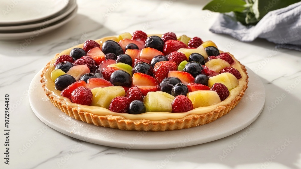 A delicious fruit tart with a flaky crust and a creamy filling topped with fresh strawberries, blueberries, raspberries, pineapple, and grapes. A delicious fruit tart with a flaky crust and a creamy filling topped with fresh strawberries, blueberries, raspberries, pineapple, and grapes.