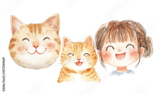 Watercolor cute Japanese family clipart, a set of 6 simple kawaii chibi faces in different poses and expressions. Smiling with teeth, a grandma face, a grandpa head, a happy girl, and a cat