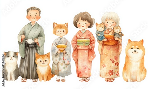 Watercolor cute Japanese family clipart, a set of 6 simple kawaii chibi faces in different poses and expressions. Smiling with teeth, a grandma face, a grandpa head, a happy girl, and a cat