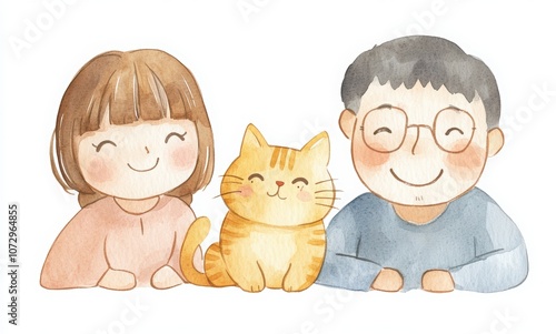 Watercolor cute Japanese family clipart, a set of 6 simple kawaii chibi faces in different poses and expressions. Smiling with teeth, a grandma face, a grandpa head, a happy girl, and a cat