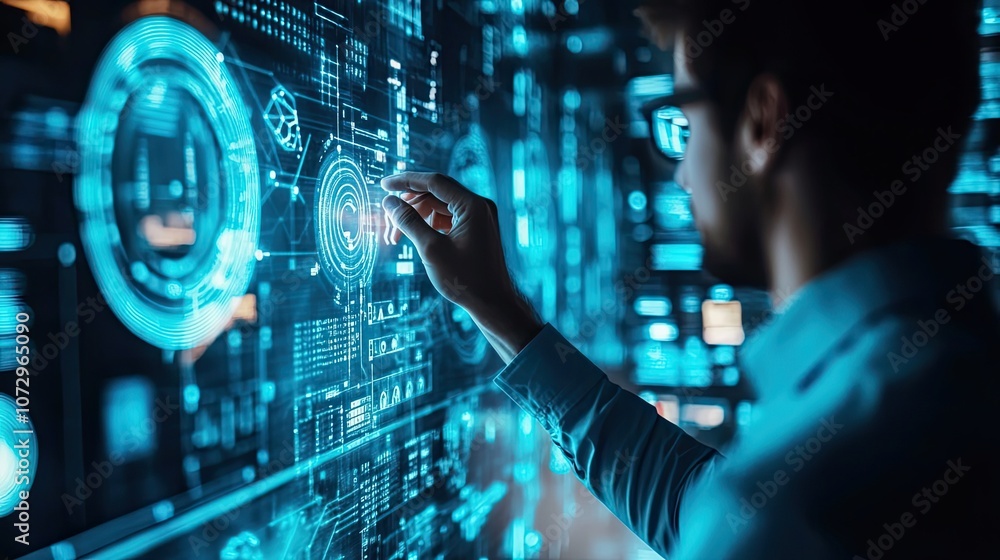 Person Interacting with a Futuristic Blue Interface Person Interacting with a Futuristic Blue Interface