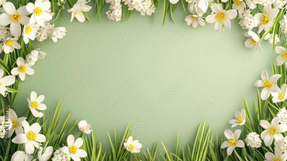 Fototapeta premium Enhance your space with beautiful white flowers framing a fresh green background for spring decor