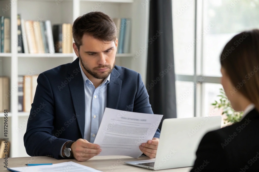 Concentrated business manager, checking the resume of potential employee Concentrated business manager, checking the resume of potential employee