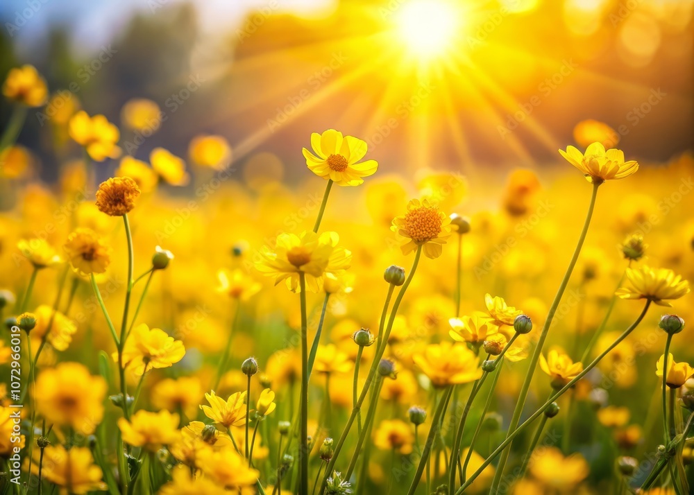Bright Yellow Spring Flowers in Bloom Under Soft Sunlight in a Field - Perfect for Nature and Outdoor Photography with Text Space - National Geographic Style Bright Yellow Spring Flowers in Bloom Under Soft Sunlight in a Field - Perfect for Nature and Outdoor Photography with Text Space - National Geographic Style