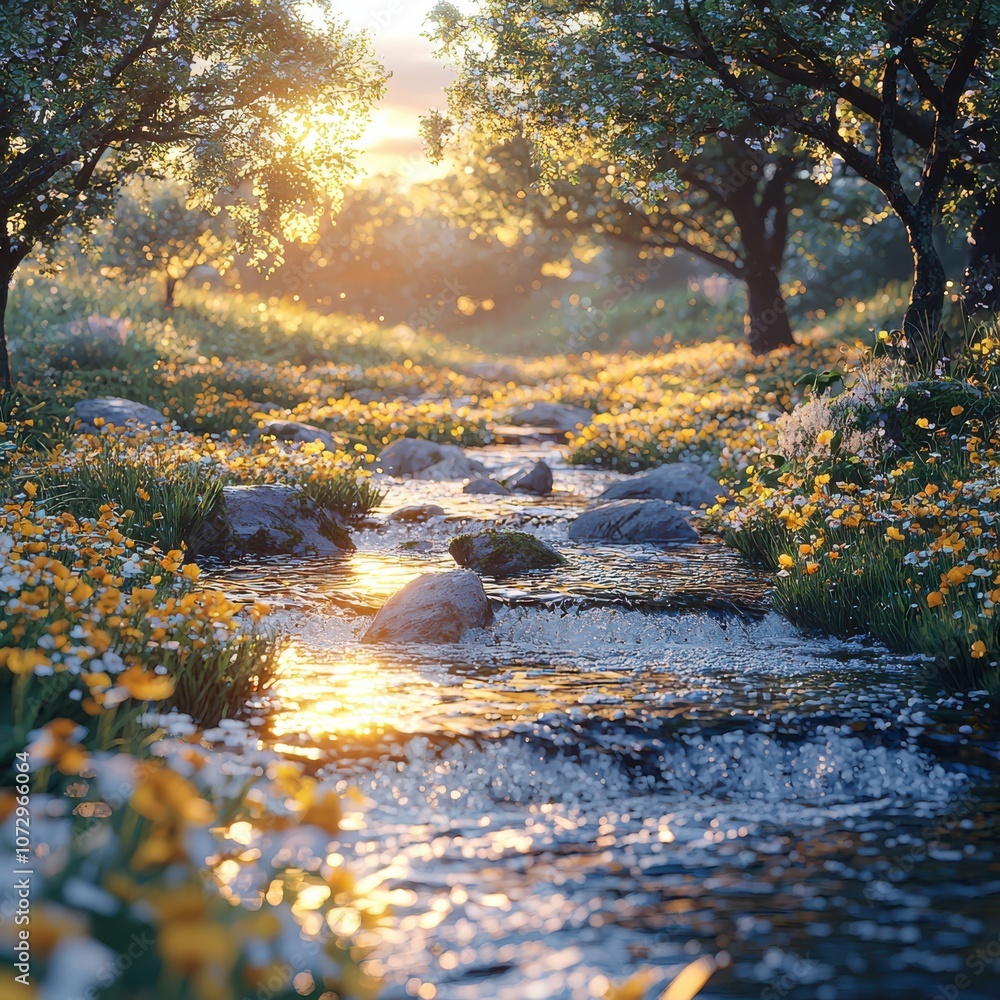 Sunlit stream flowing through a lush green forest. Sunlit stream flowing through a lush green forest.