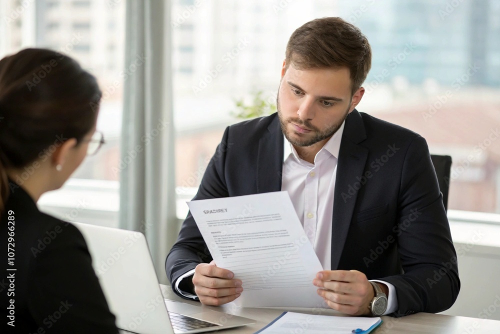 Concentrated business manager, checking the resume of potential employee Concentrated business manager, checking the resume of potential employee