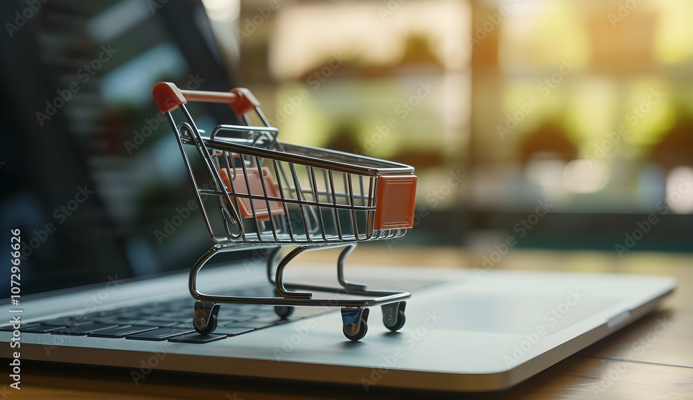 Product package boxes and shopping bag in cart with laptop computer which web store shop on screen for online shopping and delivery concept with miniature shopping cart standing in front of laptop Product package boxes and shopping bag in cart with laptop computer which web store shop on screen for online shopping and delivery concept with miniature shopping cart standing in front of laptop