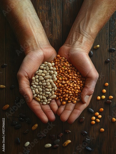 hands holding a handful of legumes on a wooden table