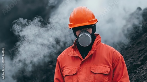 A safety worker in an orange helmet and mask stands against a smoky backdrop, suggesting a hazardous environment, likely related to construction or disaster response. photo