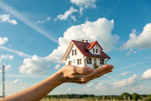 Hand holding house in the sky