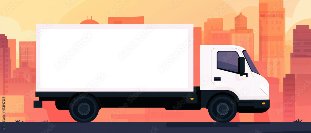 A side view of a white delivery truck against a city skyline backdrop during sunset, emphasizing its spacious cargo area and urban setting. A side view of a white delivery truck against a city skyline backdrop during sunset, emphasizing its spacious cargo area and urban setting.