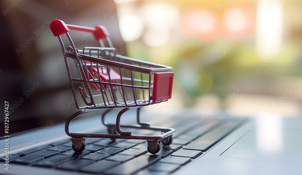Product package boxes and shopping bag in cart with laptop computer which web store shop on screen for online shopping and delivery concept with miniature shopping cart standing in front of laptop Product package boxes and shopping bag in cart with laptop computer which web store shop on screen for online shopping and delivery concept with miniature shopping cart standing in front of laptop