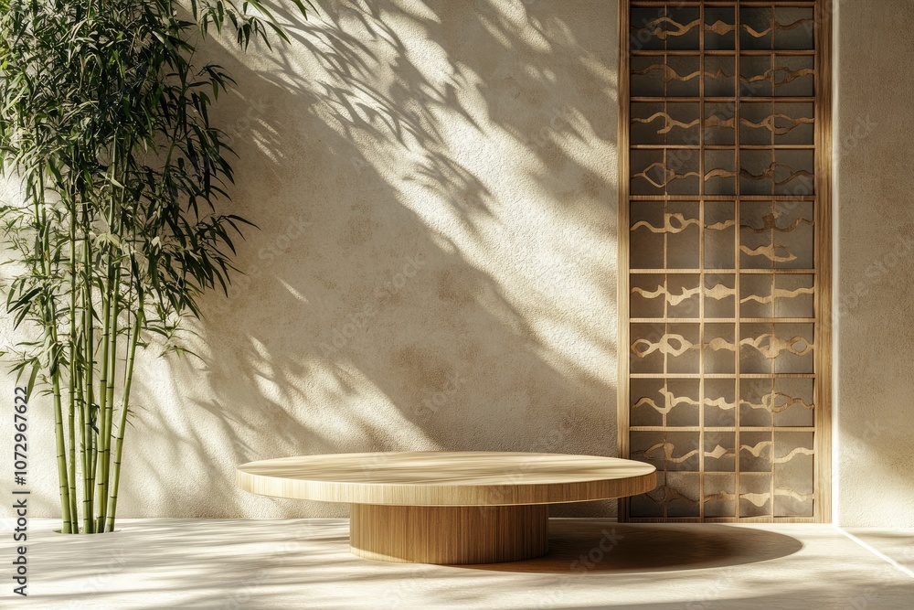 Modern, minimal round teak wooden table podium, green bamboo and Chinese pattern design door partition in dappled sunlight on beige wall for Asian luxury, organic, with generative ai Modern, minimal round teak wooden table podium, green bamboo and Chinese pattern design door partition in dappled sunlight on beige wall for Asian luxury, organic, with generative ai