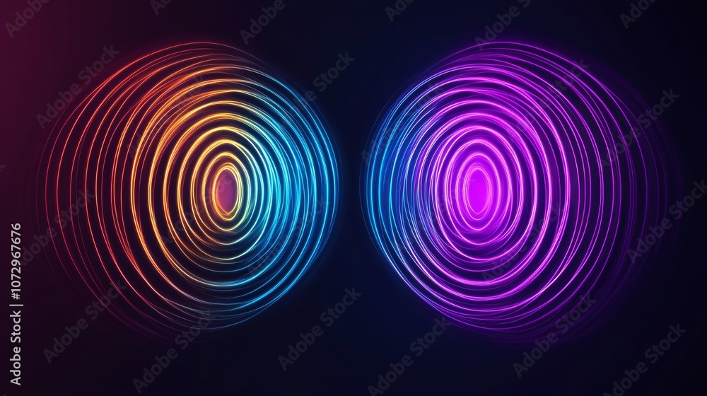 Abstract image showcasing vibrant, concentric circles in orange, blue, and purple, creating a harmonious yet dynamic visual effect against a dark background. Abstract image showcasing vibrant, concentric circles in orange, blue, and purple, creating a harmonious yet dynamic visual effect against a dark background.
