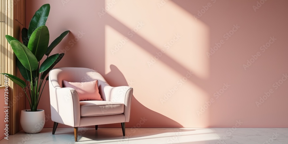 Fototapeta premium A cozy modern living space featuring a pink armchair and a potted plant, perfect for interior design, home decor, or lifestyle concepts.