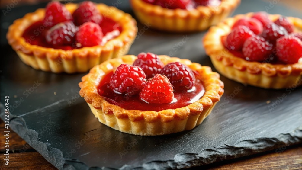 Mini tarts filled with red fruit jelly and topped with fresh raspberries on a black slate platter Mini tarts filled with red fruit jelly and topped with fresh raspberries on a black slate platter