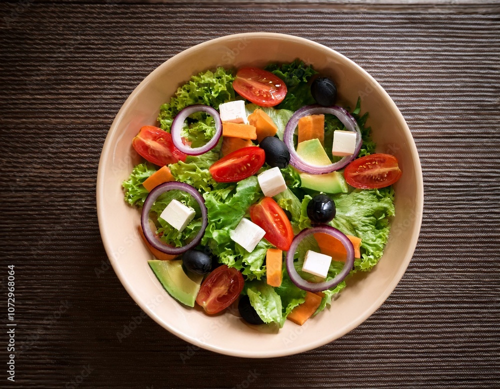 Top view aof salad in a bowl with tomatoes, onions, peppers, lettuce, olive on wooden table. Healthy eating Top view aof salad in a bowl with tomatoes, onions, peppers, lettuce, olive on wooden table. Healthy eating