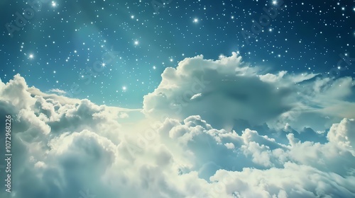 Dreamy Night Sky with Fluffy Clouds and Twinkling Stars photo