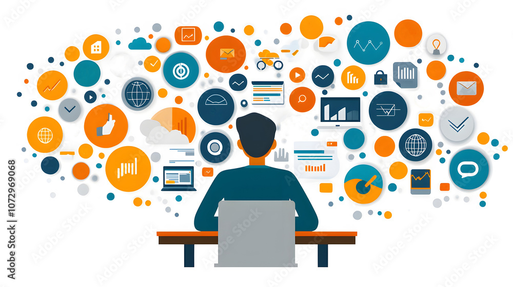 Businessperson at desk with laptop, icons for training and education on virtual screen, online learning environment Businessperson at desk with laptop, icons for training and education on virtual screen, online learning environment