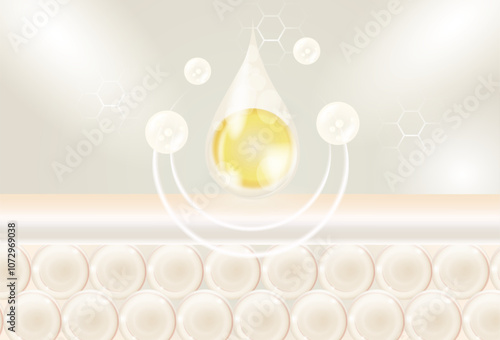 Collagen serum oil drop absorbed into the skin cell. 3d vector ilustration