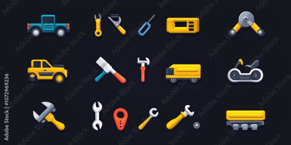 Set of repair icons showcasing different tools and equipment used in various repair services. Set of repair icons showcasing different tools and equipment used in various repair services.
