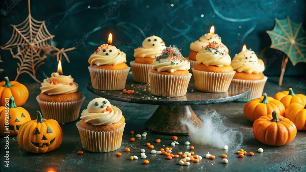 Spooky Halloween Ghost Cupcakes with Candles and Sprinkles on a Black Cake Stand Surrounded by Small Pumpkins Spooky Halloween Ghost Cupcakes with Candles and Sprinkles on a Black Cake Stand Surrounded by Small Pumpkins