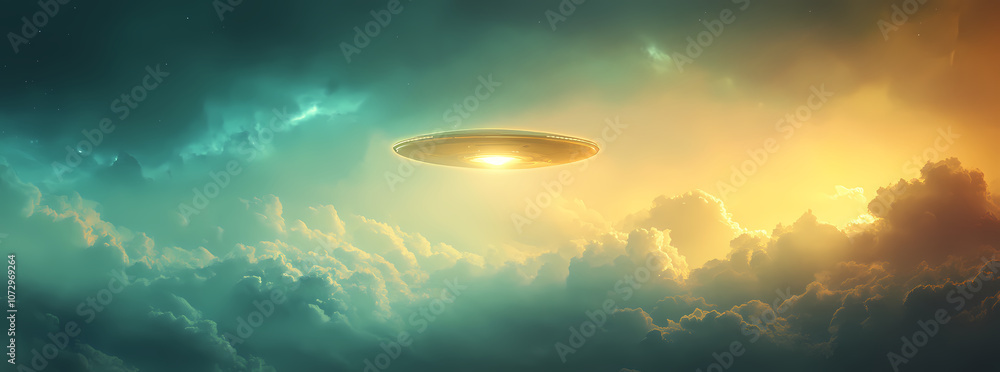 Hyper-Detailed Image of a Flying Saucer Emitting Radiant Light Over a Gradient Sky with Vibrant Clouds Below Hyper-Detailed Image of a Flying Saucer Emitting Radiant Light Over a Gradient Sky with Vibrant Clouds Below