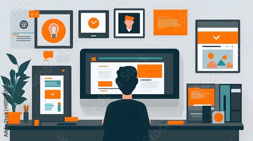 Businessperson at desk, using laptop for online training, educational icons displayed, virtual learning