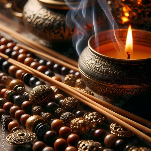 A close-up view of Buddhist prayer beads and burning incense, used during meditation and prayer. photo