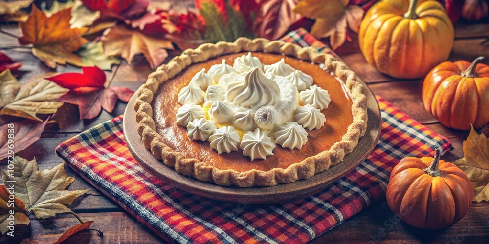 A Classic Pumpkin Pie with Whipped Cream and Autumn Leaves Surrounding It on a Plaid Napkin A Classic Pumpkin Pie with Whipped Cream and Autumn Leaves Surrounding It on a Plaid Napkin