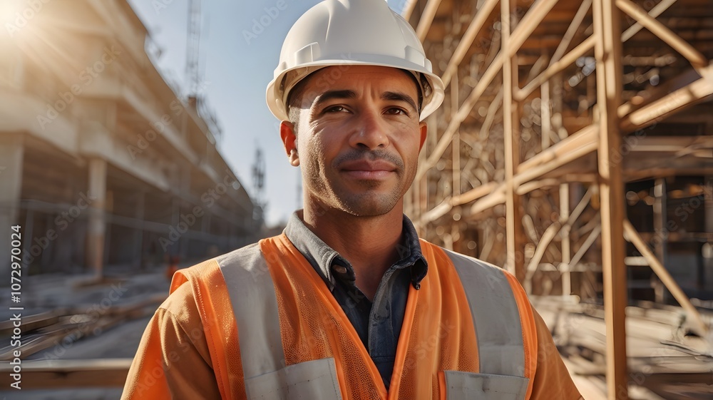 A skilled construction worker stands confidently at a bustling construction site, wearing safety gear and overseeing the work process. Generative AI A skilled construction worker stands confidently at a bustling construction site, wearing safety gear and overseeing the work process. Generative AI