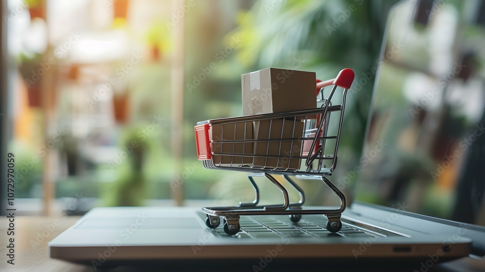 Product package boxes and shopping bag in cart with laptop computer which web store shop on screen for online shopping and delivery concept with miniature shopping cart standing in front of laptop Product package boxes and shopping bag in cart with laptop computer which web store shop on screen for online shopping and delivery concept with miniature shopping cart standing in front of laptop