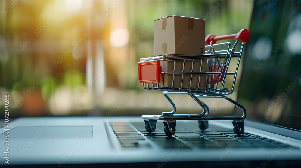 Product package boxes and shopping bag in cart with laptop computer which web store shop on screen for online shopping and delivery concept with miniature shopping cart standing in front of laptop Product package boxes and shopping bag in cart with laptop computer which web store shop on screen for online shopping and delivery concept with miniature shopping cart standing in front of laptop