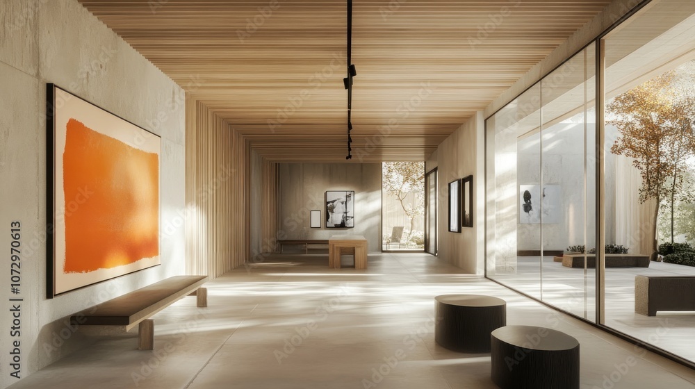 Minimalist hallway with large windows, wooden ceiling, and contemporary artwork on the walls. Minimalist hallway with large windows, wooden ceiling, and contemporary artwork on the walls.