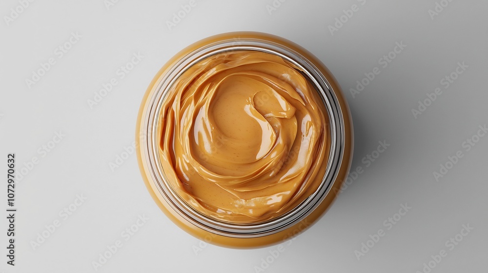 Creamy Peanut Butter Jar on White Studio Background with Overhead View Creamy Peanut Butter Jar on White Studio Background with Overhead View