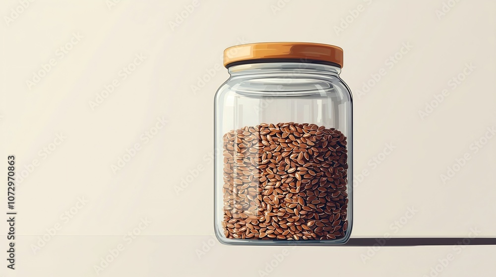 Close-up of Small Glass Jar Filled with Flax Seeds on Minimal White Background Close-up of Small Glass Jar Filled with Flax Seeds on Minimal White Background
