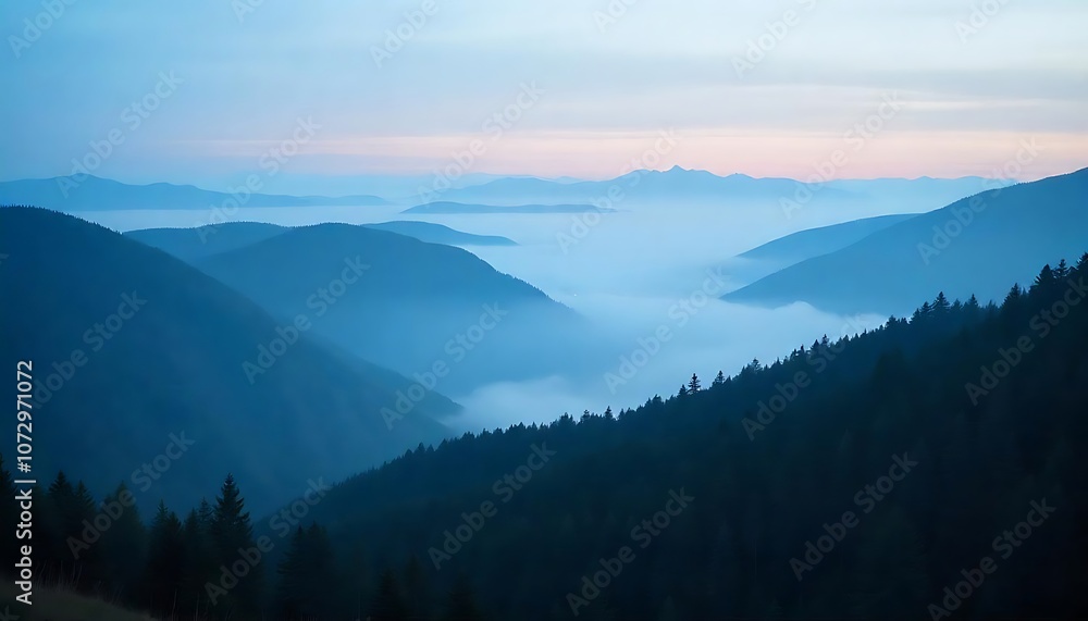 Fog over mountains with a beautiful forest Fog over mountains with a beautiful forest