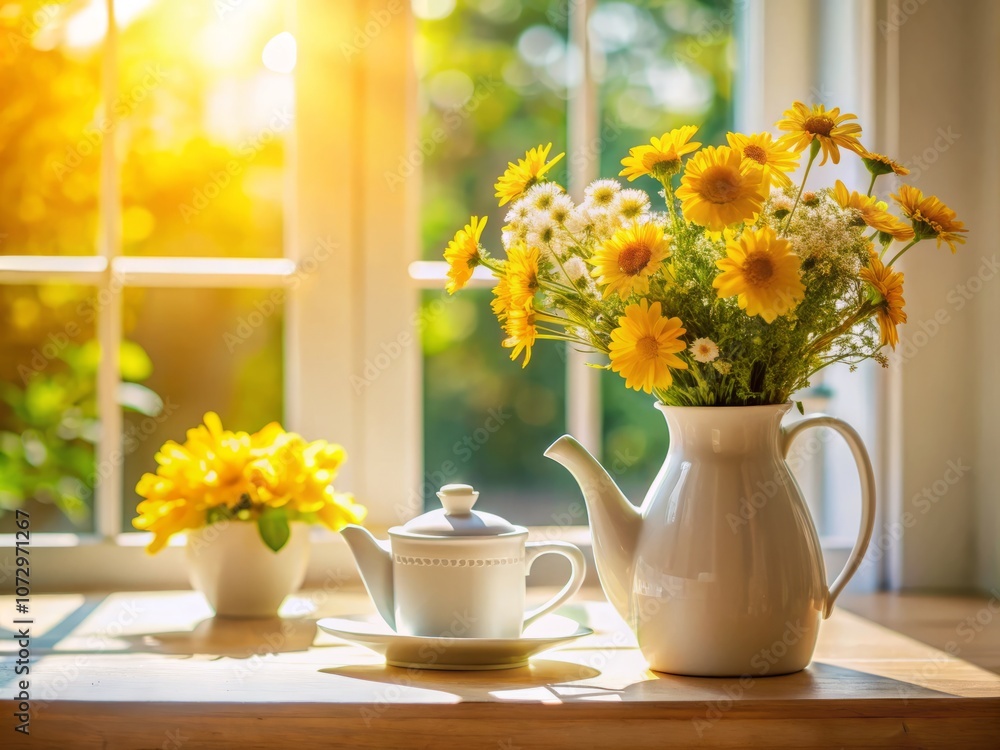 Fototapeta premium Captivating Tilt-Shift Photography of a White Kettle Surrounded by Bright Yellow Flowers in a Vase on a Table Bathed in Sunlight, Evoking a Warm and Cheerful Atmosphere