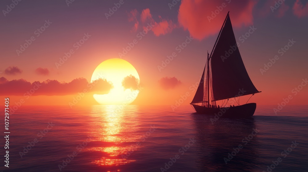 Fototapeta premium A sailboat silhouetted against a vibrant sunset on the open ocean.