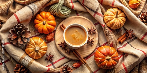 Celebrate the Beauty of Autumn: Captivating Top View Arrangement Featuring Coffee, Plaid, Petite Pumpkins, Leaves, Pine Cones, Cinnamon, and Anise on Beige Surface