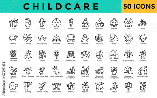 Childcare icons set with child, baby, toddler, infant, nursery, daycare, preschool, playtime, toys, blocks  icon. Simple line vector 
