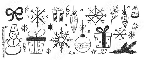 Set of Christmas doodles of star, present box, bell, snowflake and bell with crayon or pencil texture. Hand drawn vector illustration on a white background.