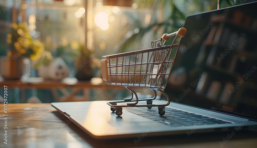 Product package boxes and shopping bag in cart with laptop computer which web store shop on screen for online shopping and delivery concept with miniature shopping cart standing in front of laptop Product package boxes and shopping bag in cart with laptop computer which web store shop on screen for online shopping and delivery concept with miniature shopping cart standing in front of laptop