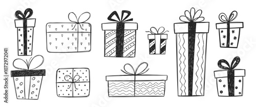 Hand drawn present boxes with crayon or pencil texture. Christmas gifts with ribbon. Doodle vector illustration on a white background.