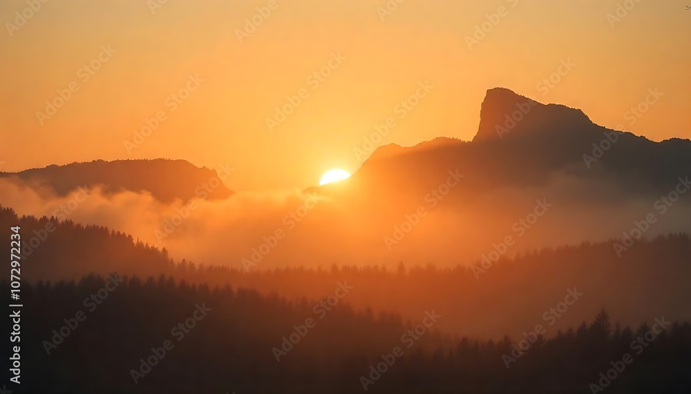 Fog over mountains with a beautiful forest Fog over mountains with a beautiful forest