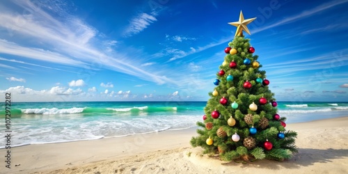 Christmas Tree on a Sunny Beach with Ocean Waves - A Unique Holiday Scene Blending Festive Cheer and Tropical Relaxation for Your Seasonal Projects and Celebrations